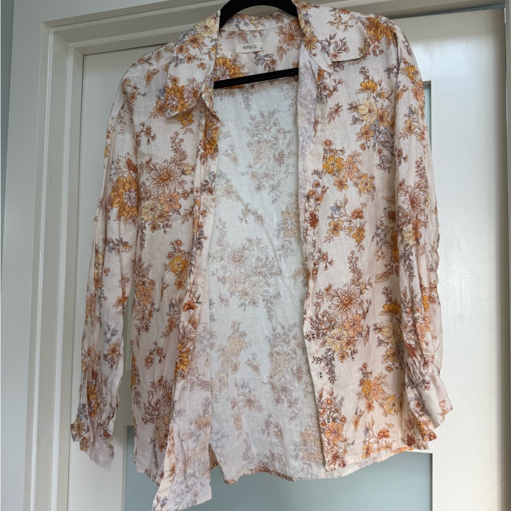 Free People Cream Button Down Shirt with Notched Collar